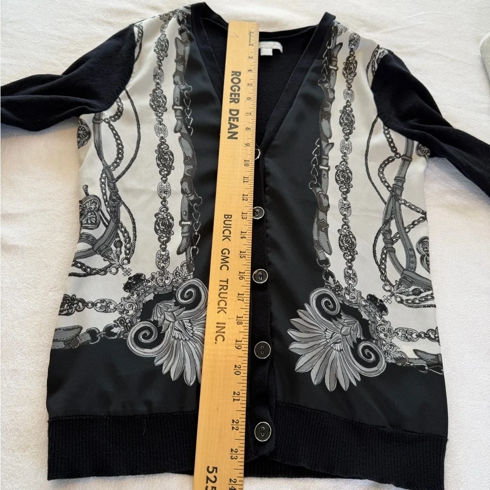 New York & Company Chain Print Cardigan Medium Black & Cream Career Chic Sweater